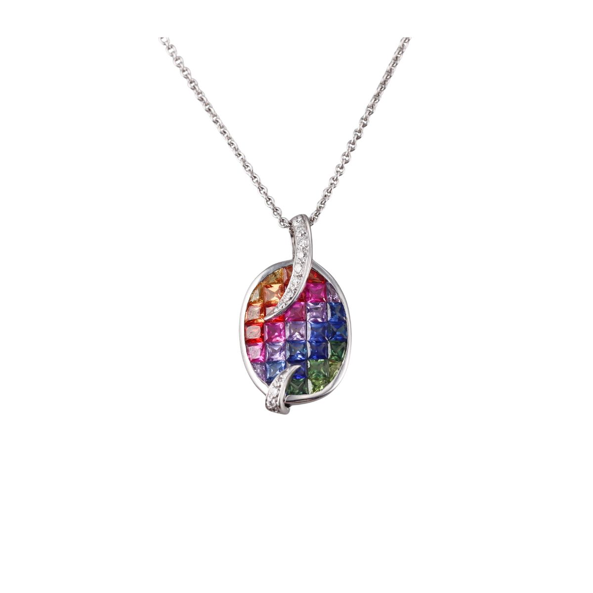 Italian 18k Gold Multi Color Sapphire Diamond Pendant Necklace
