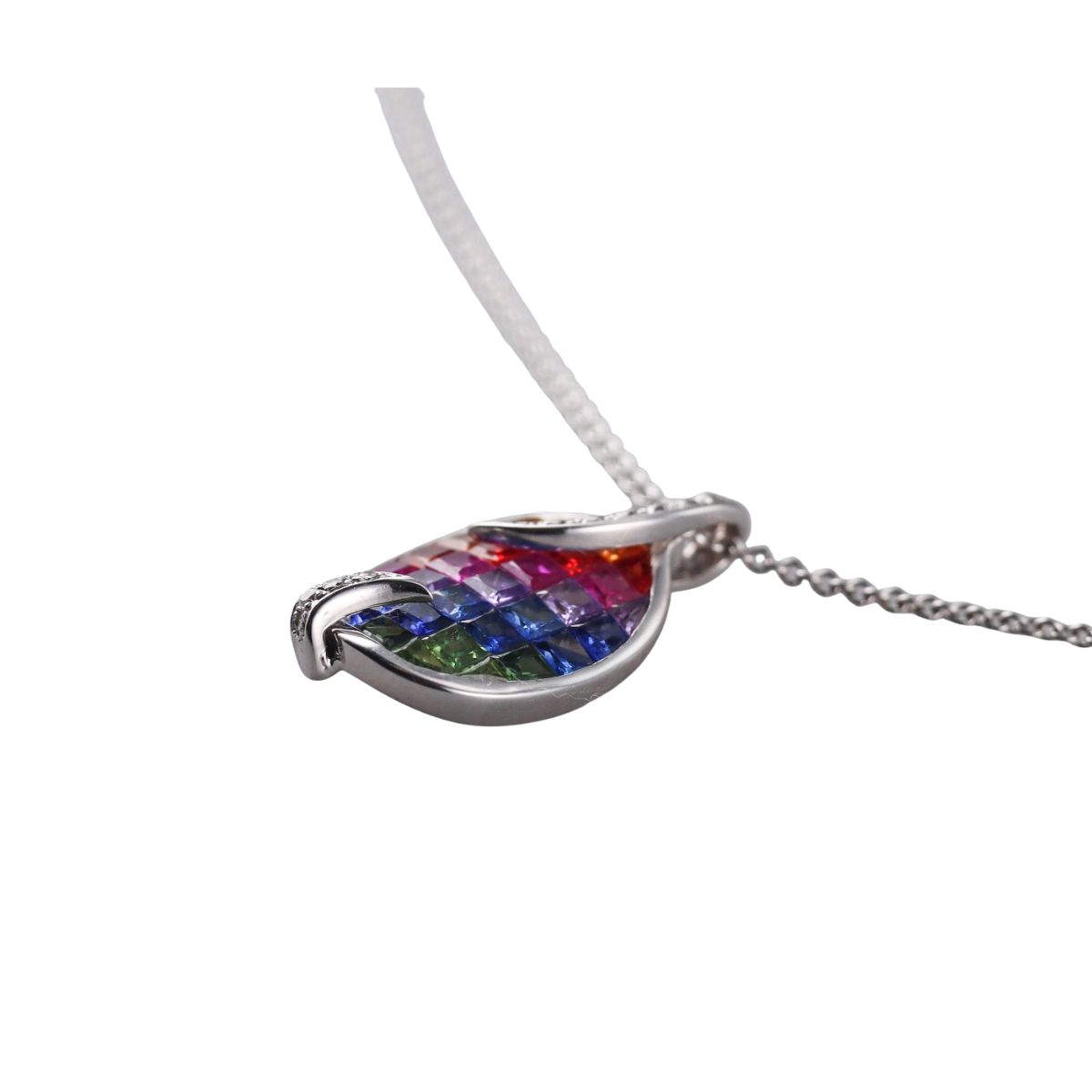 Italian 18k Gold Multi Color Sapphire Diamond Pendant Necklace