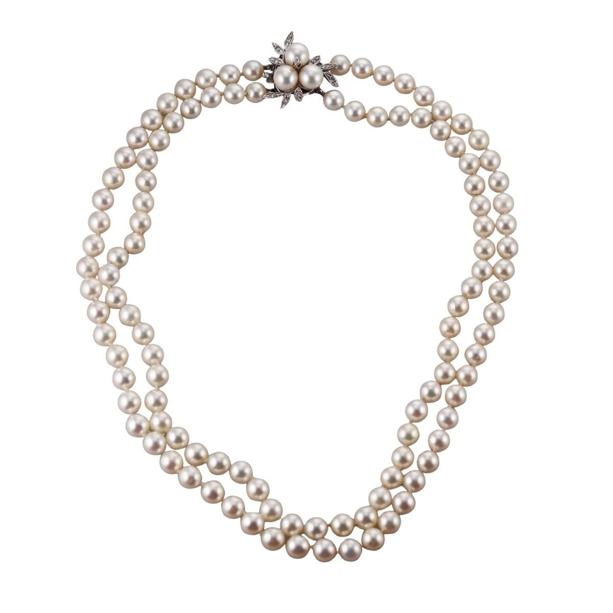 Mid Century 1950s 14k Gold Diamond Pearl Two Strand Necklace