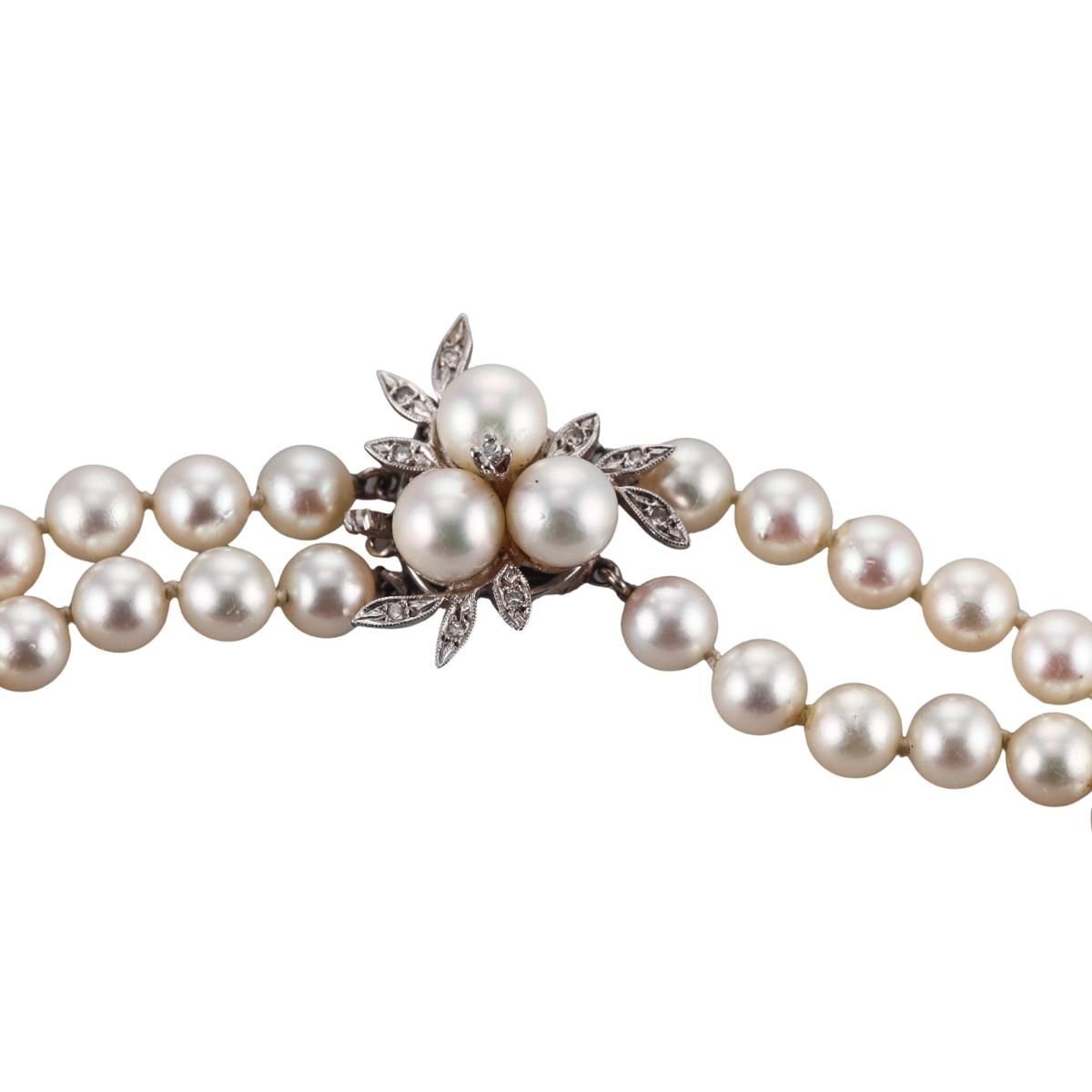 Mid Century 1950s 14k Gold Diamond Pearl Two Strand Necklace