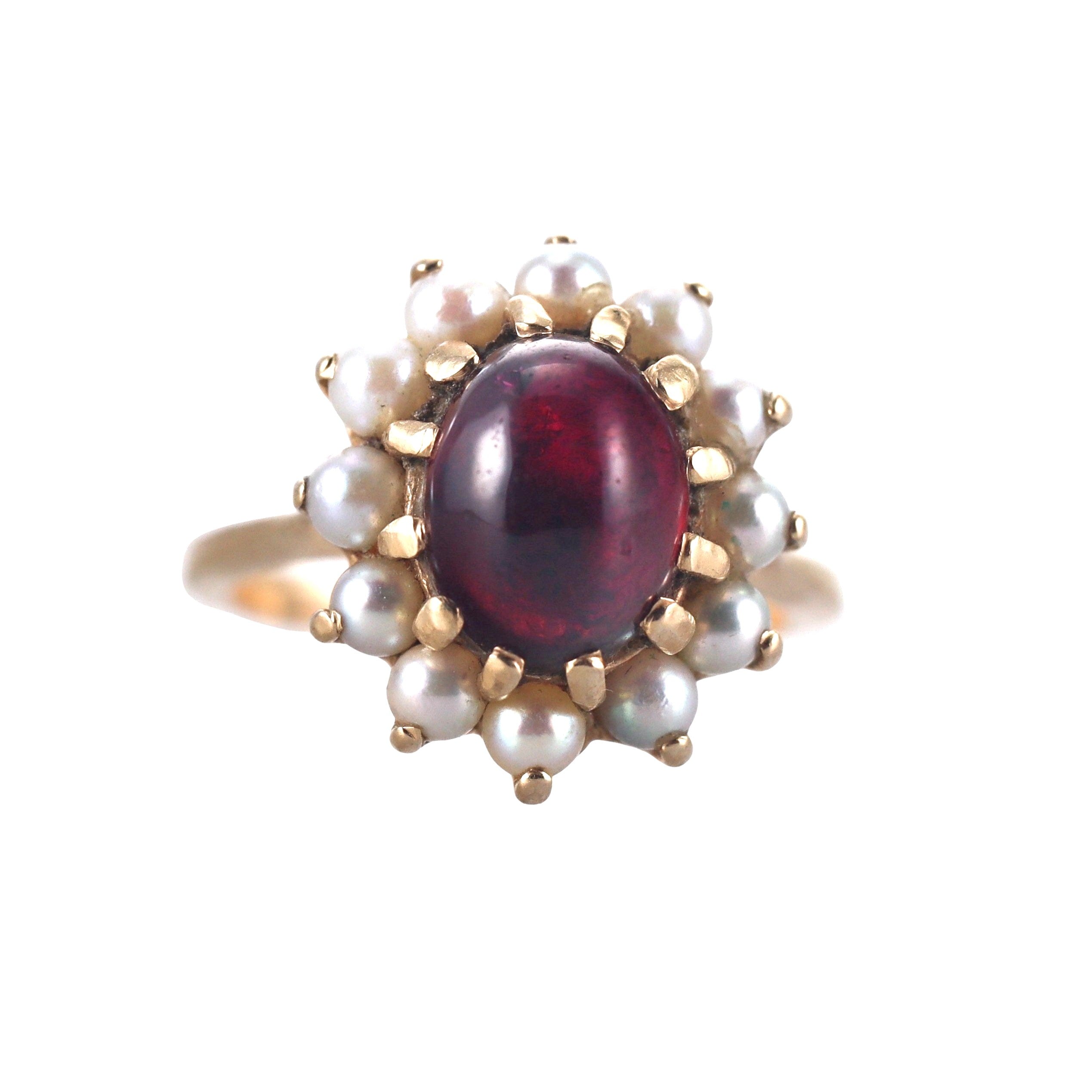14k Yellow Gold Garnet Pearls Ring