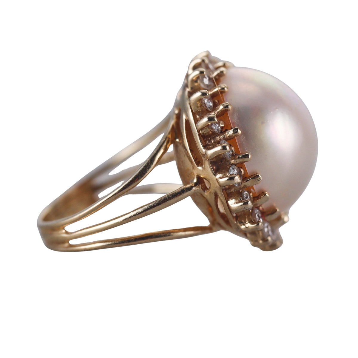 14k Yellow Gold Pearl Diamond Ring
