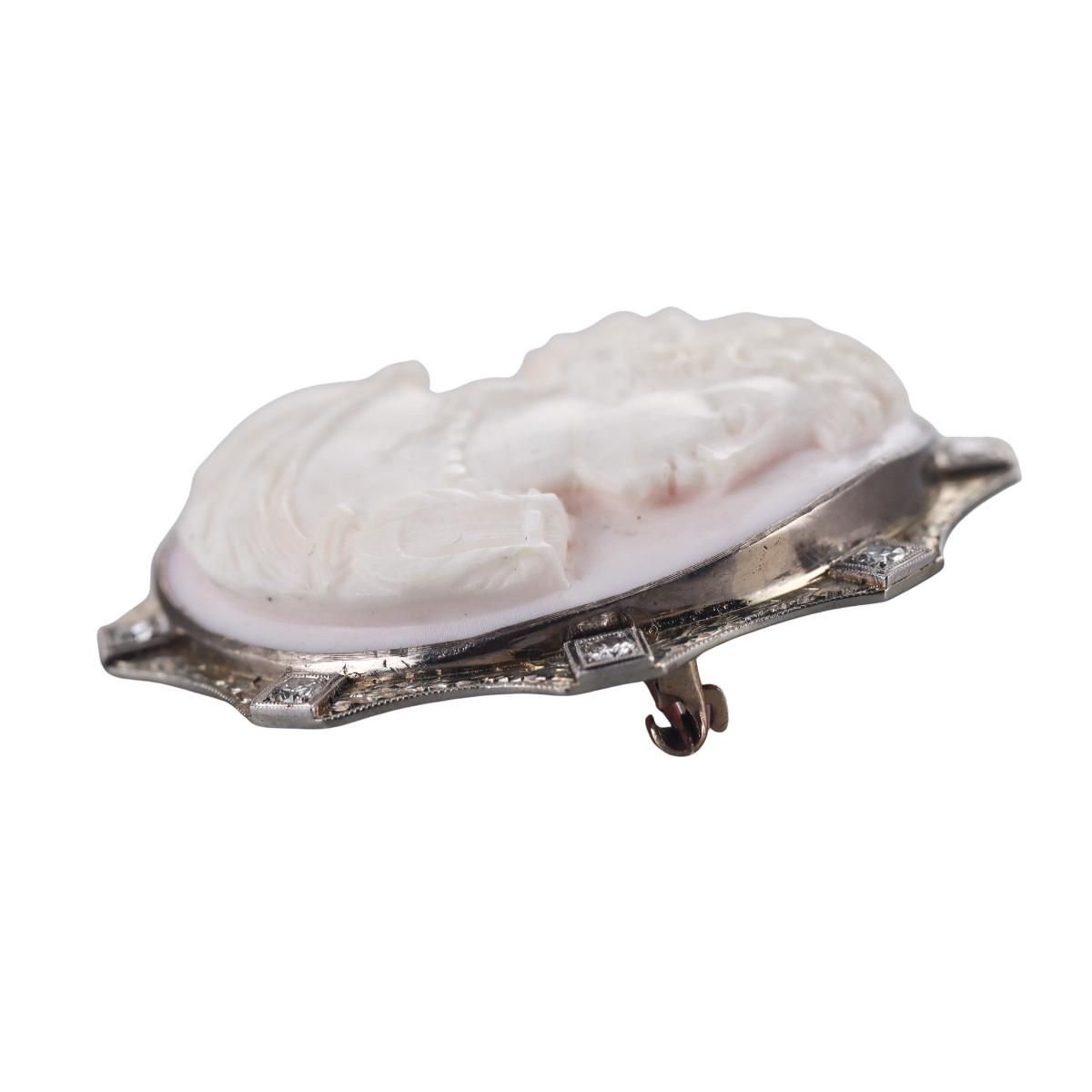 Art Deco 18k Gold Coral Cameo Diamond Brooch Pin