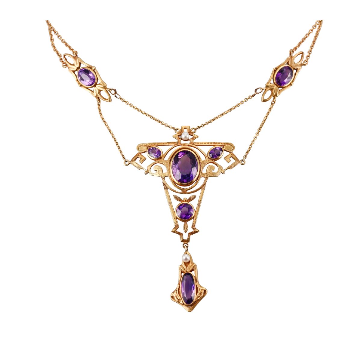 Art Nouveau Antique 14k Gold Amethyst Pearl Necklace