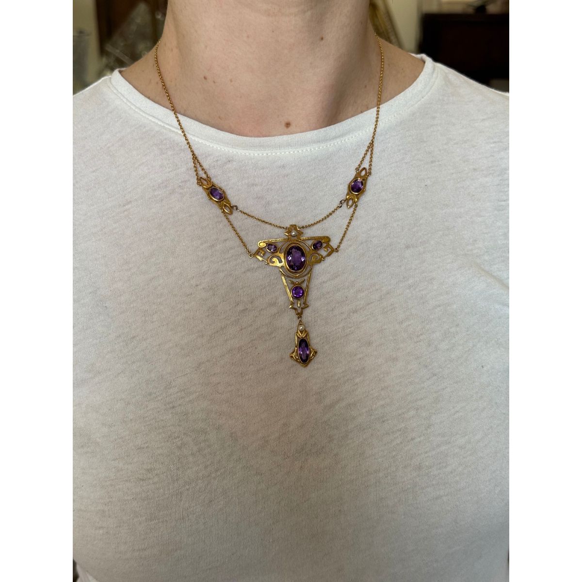 Art Nouveau Antique 14k Gold Amethyst Pearl Necklace