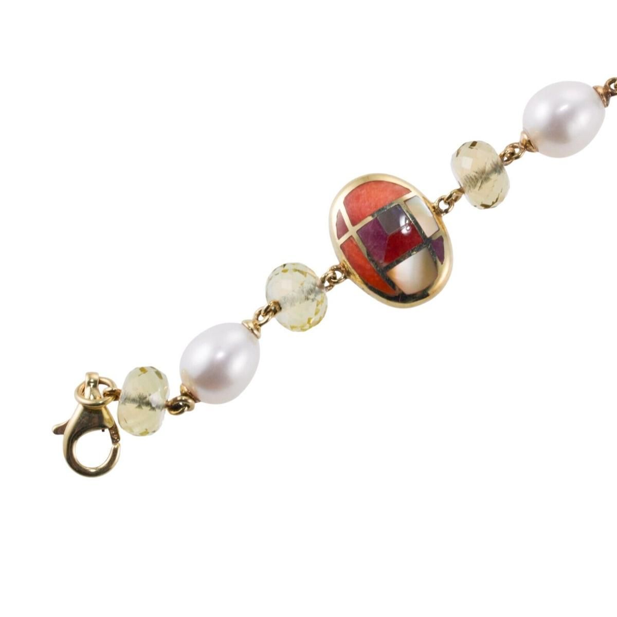 Asch Grossbardt Inlay Gemstone Peridot Pearl Gold Bracelet