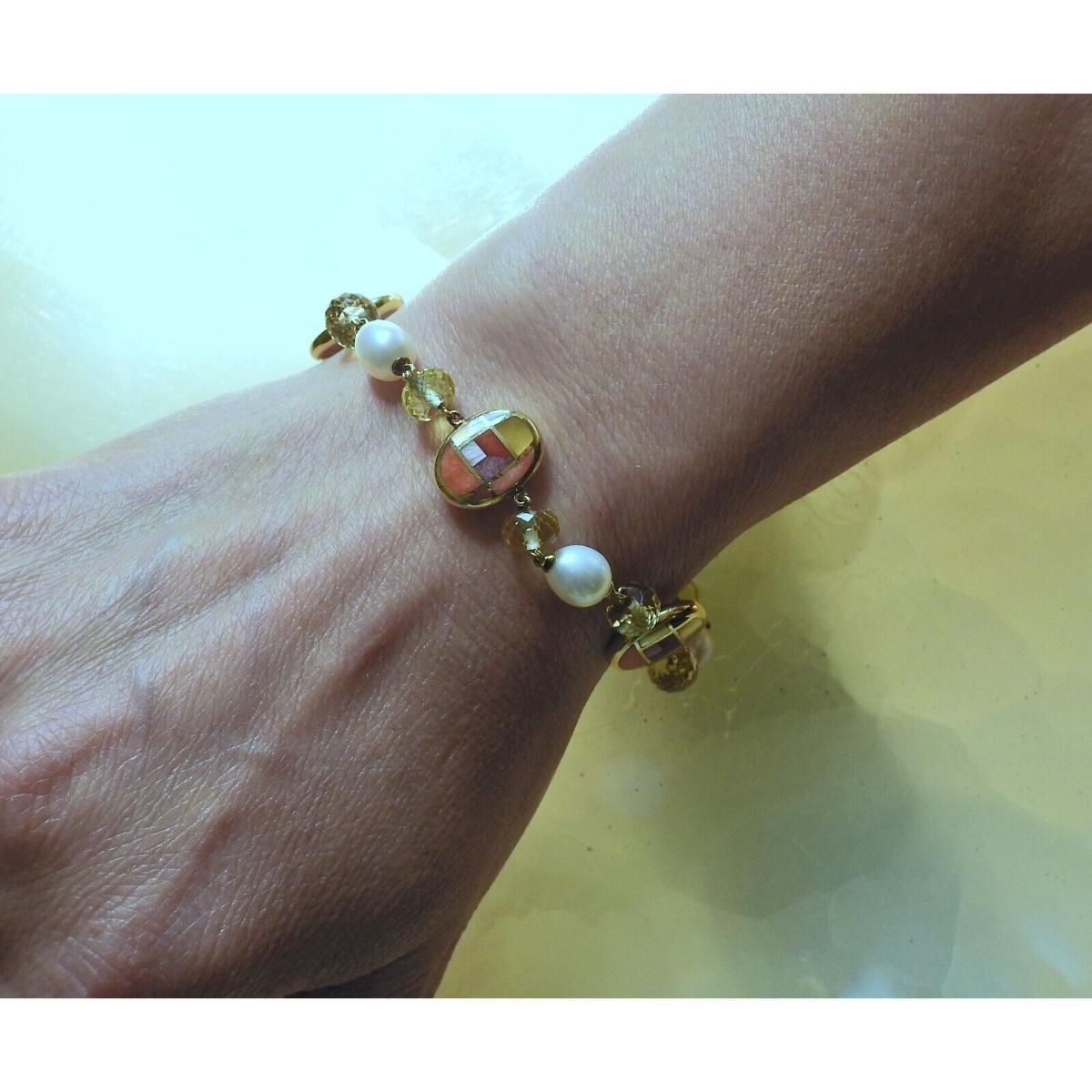 Asch Grossbardt Inlay Gemstone Peridot Pearl Gold Bracelet