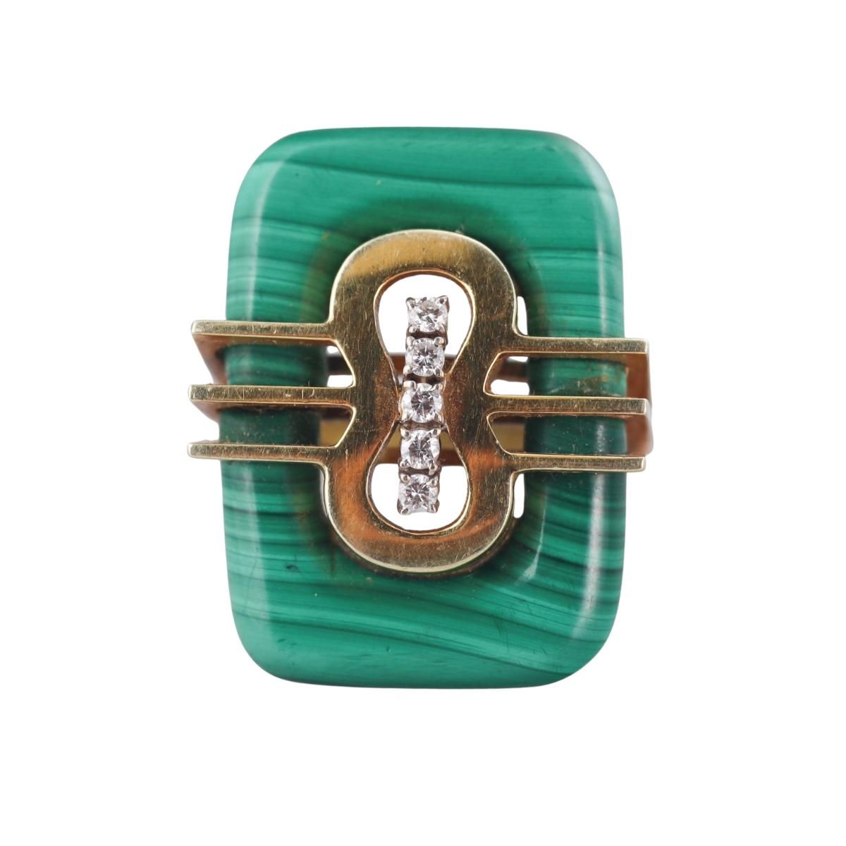1970s Modernist 18k Gold Malachite Diamond Ring