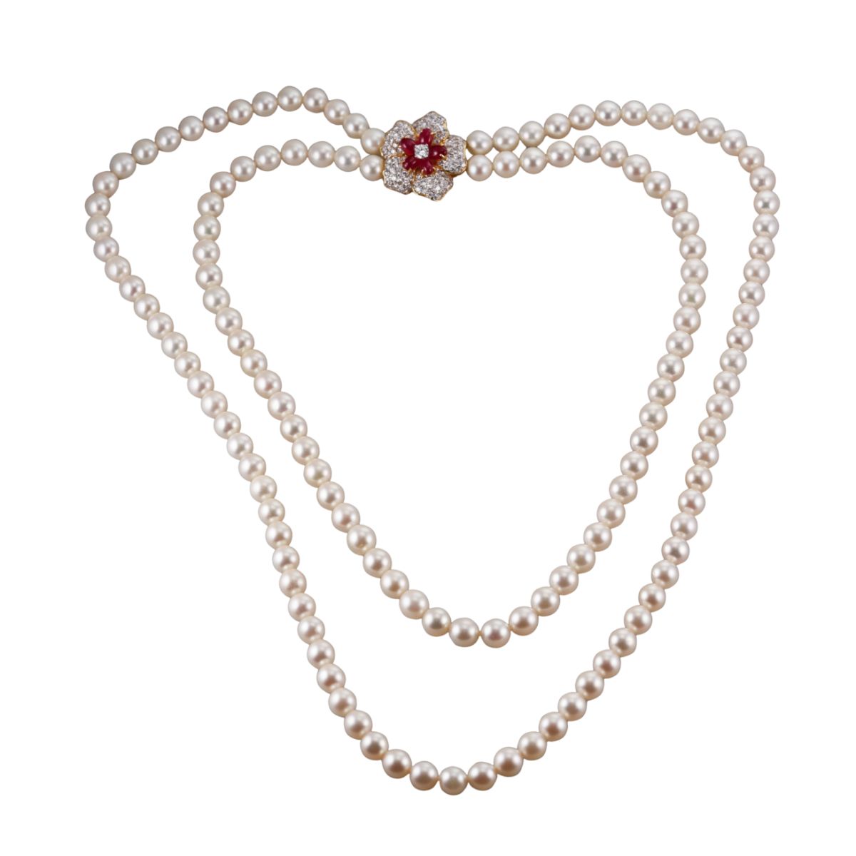 18k Gold Diamond Ruby Pearl Two Strand Necklace