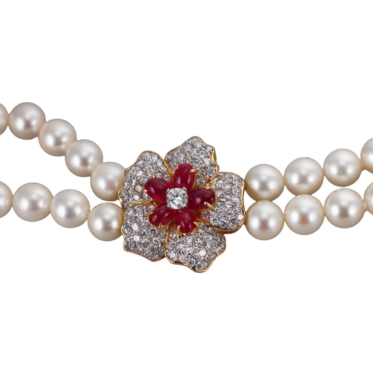 18k Gold Diamond Ruby Pearl Two Strand Necklace