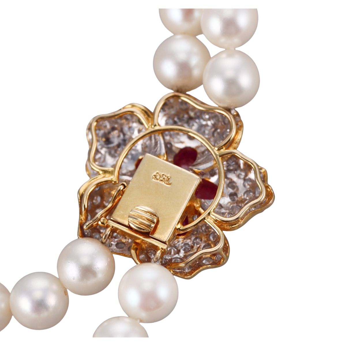 18k Gold Diamond Ruby Pearl Two Strand Necklace