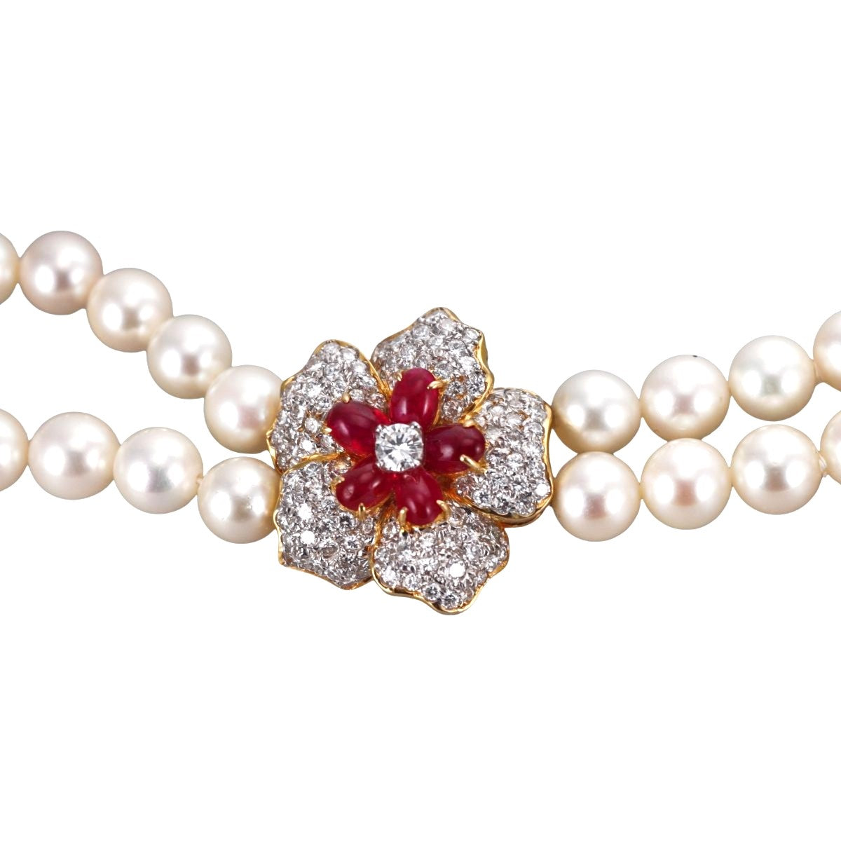 18k Gold Diamond Ruby Pearl Two Strand Necklace