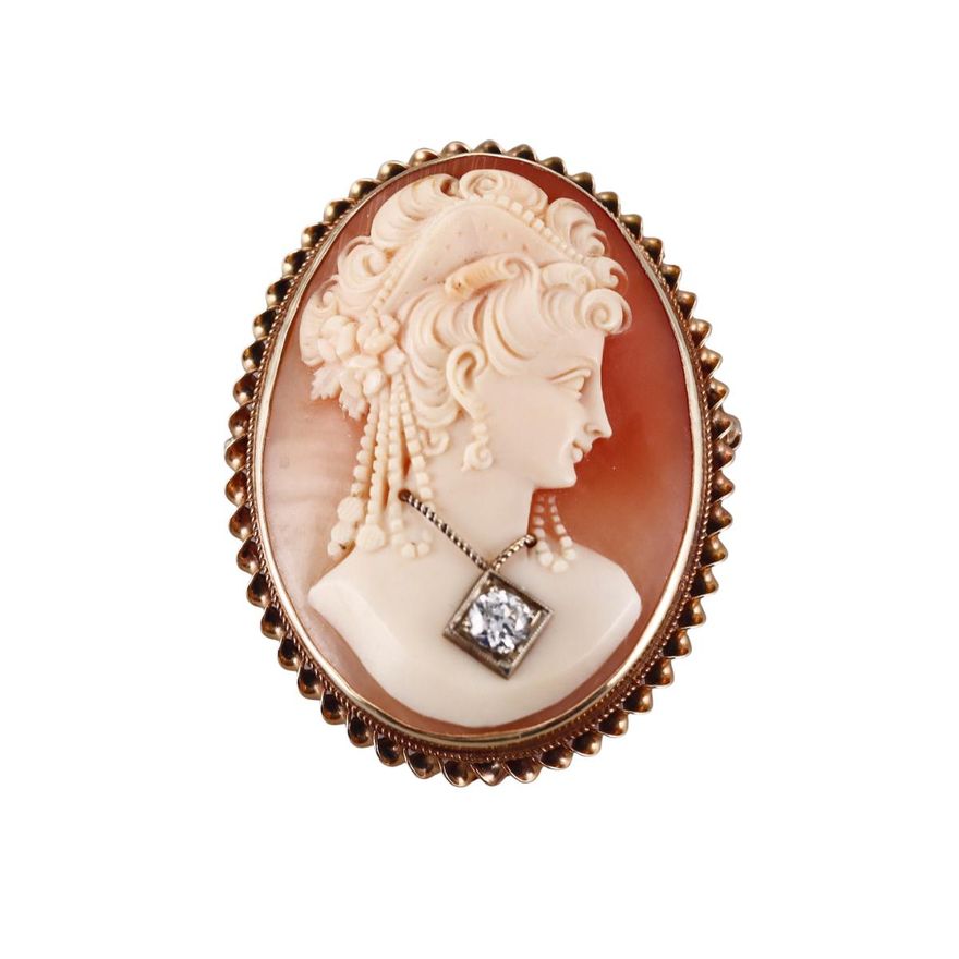 Vintage 14k Gold Diamond Cameo Brooch Pendant
