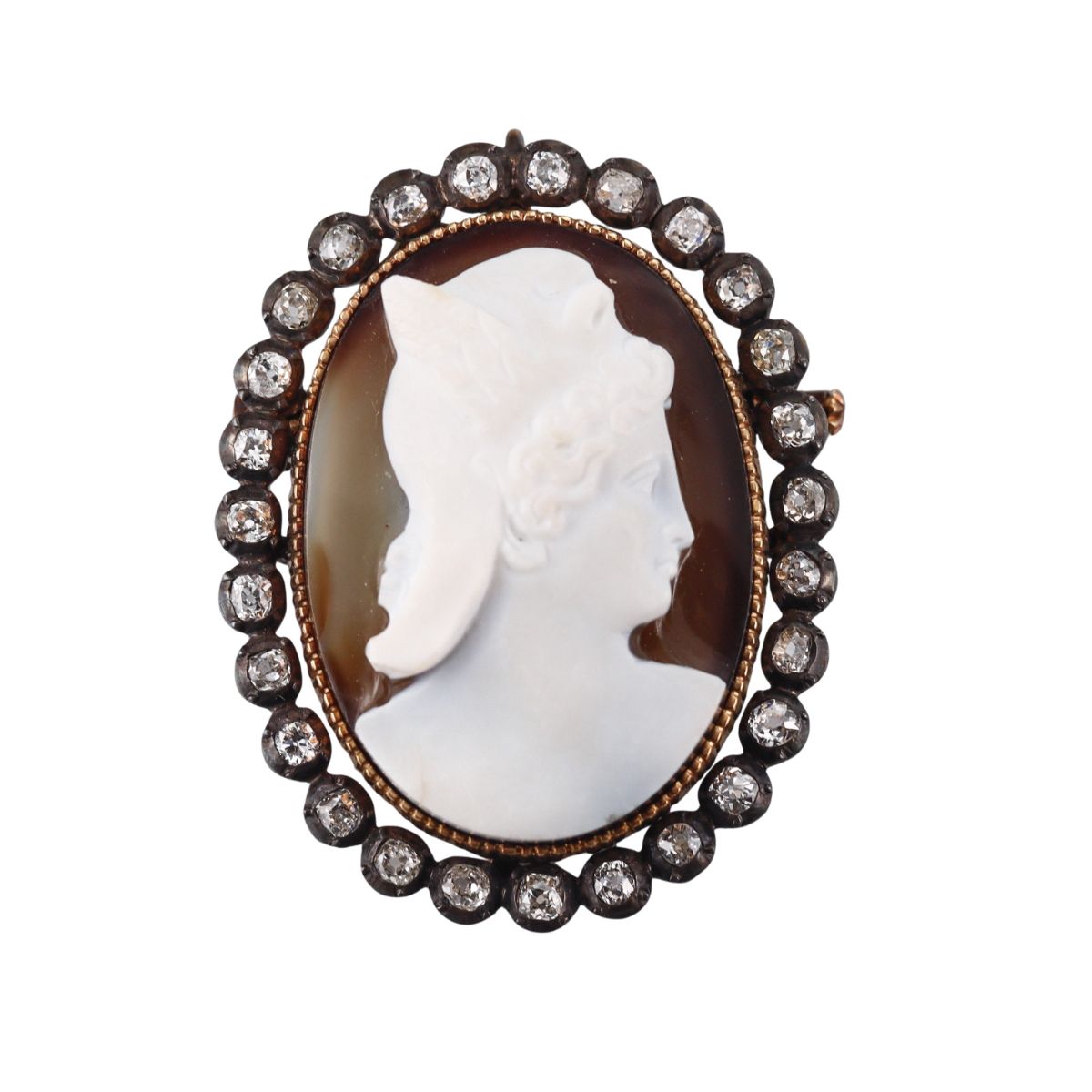 Antique 14k Gold Silver Diamond Hardstone Cameo Pendant Brooch