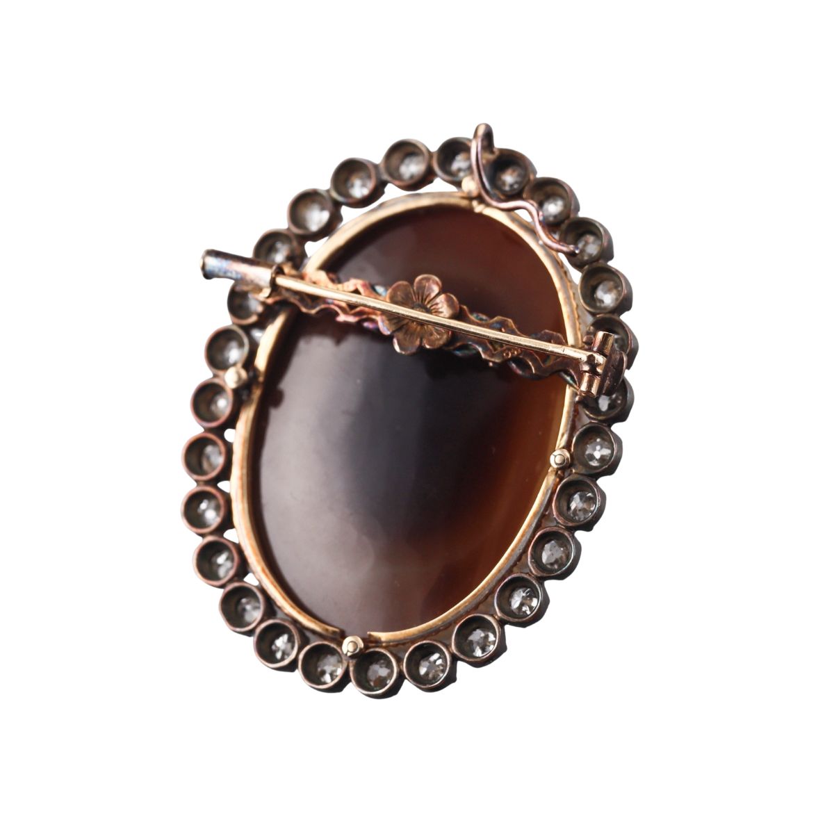 Antique 14k Gold Silver Diamond Hardstone Cameo Pendant Brooch