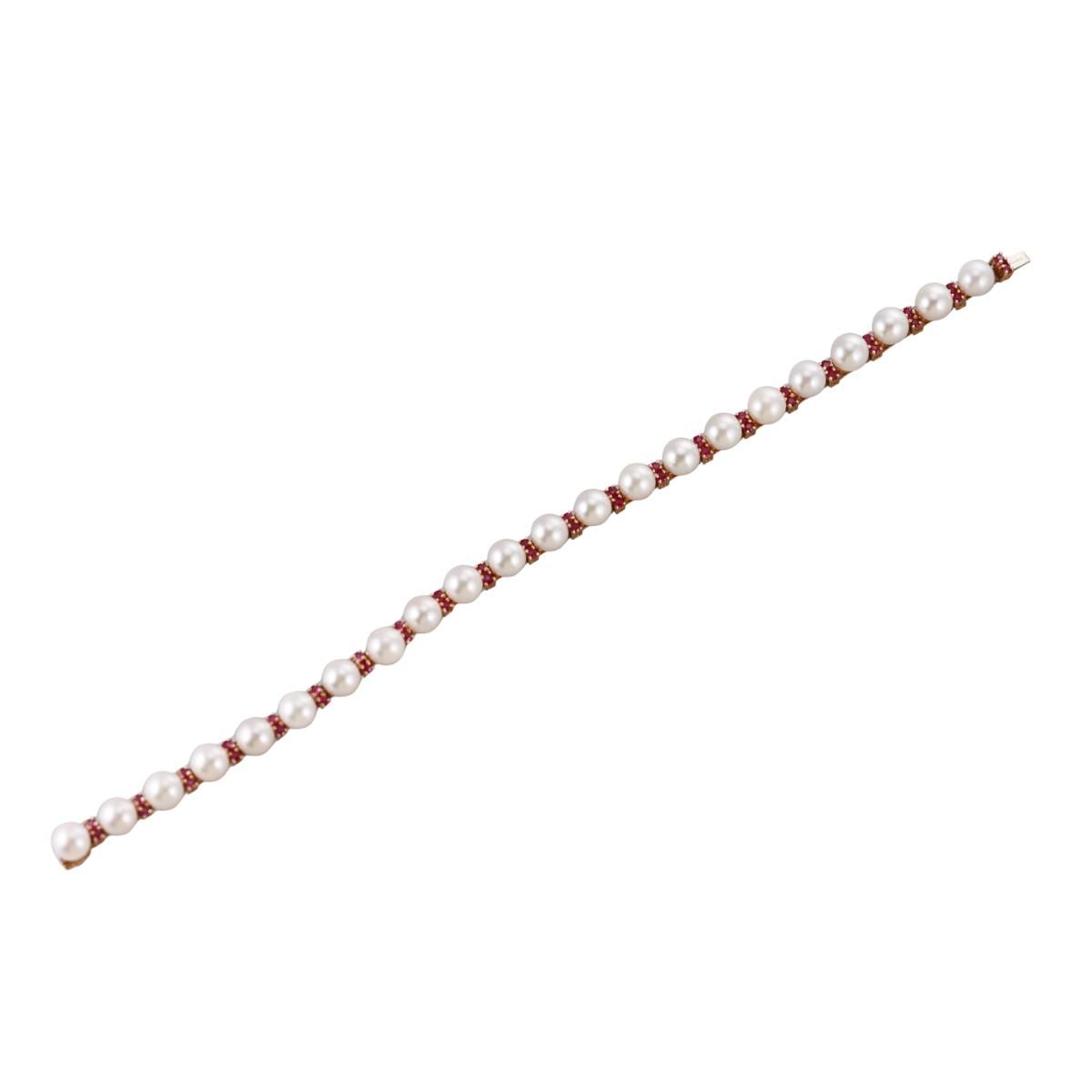 Mid Century 14k Gold Pearl Ruby Bracelet