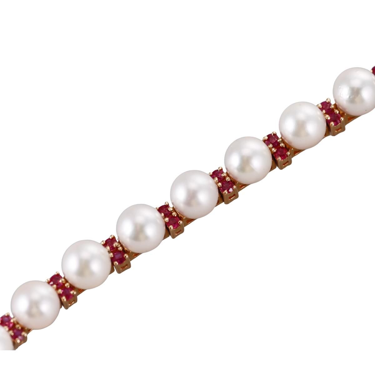 Mid Century 14k Gold Pearl Ruby Bracelet
