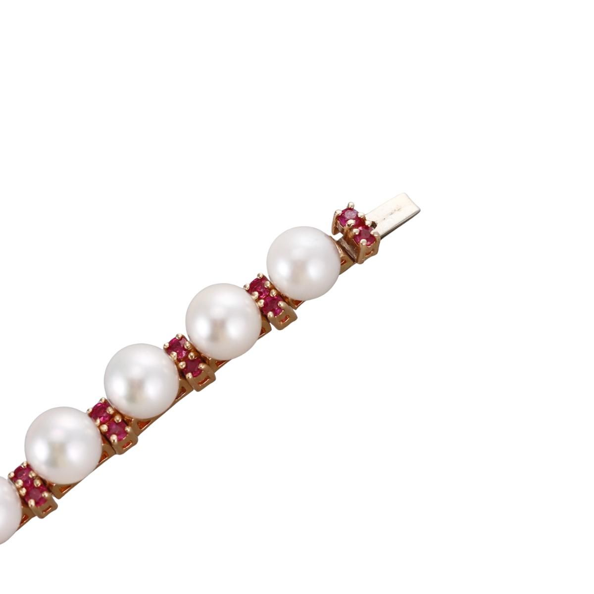 Mid Century 14k Gold Pearl Ruby Bracelet