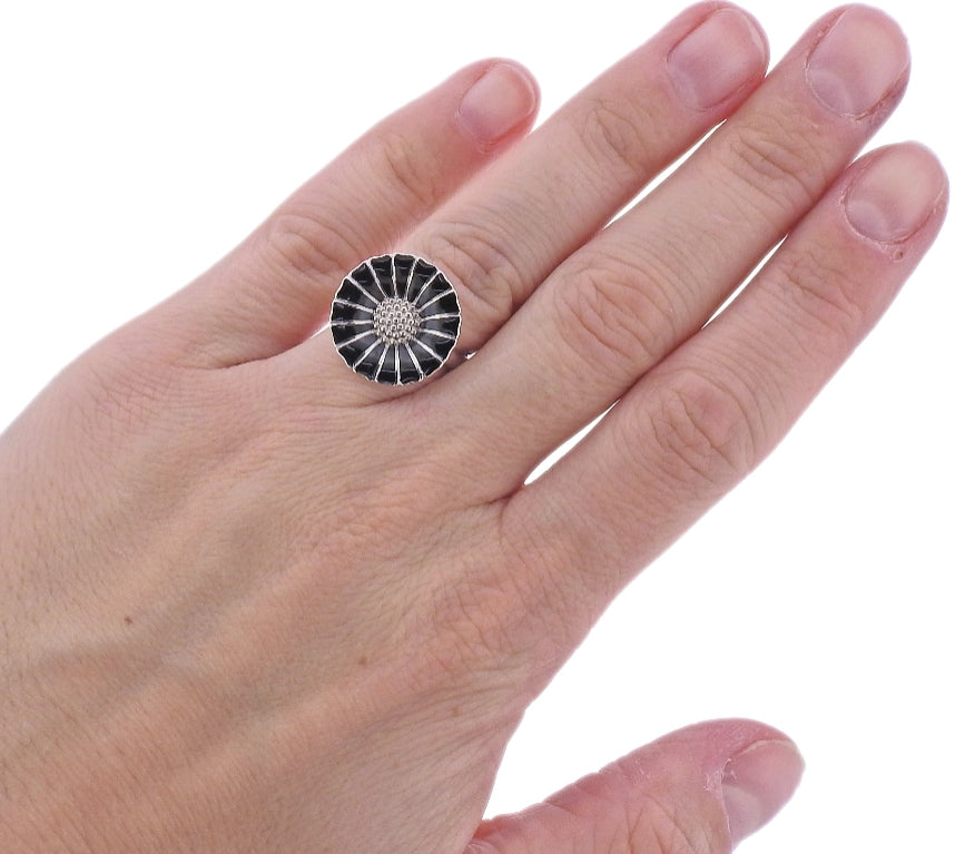 Georg Jensen Daisy Flower Silver Black Enamel Ring 18mm