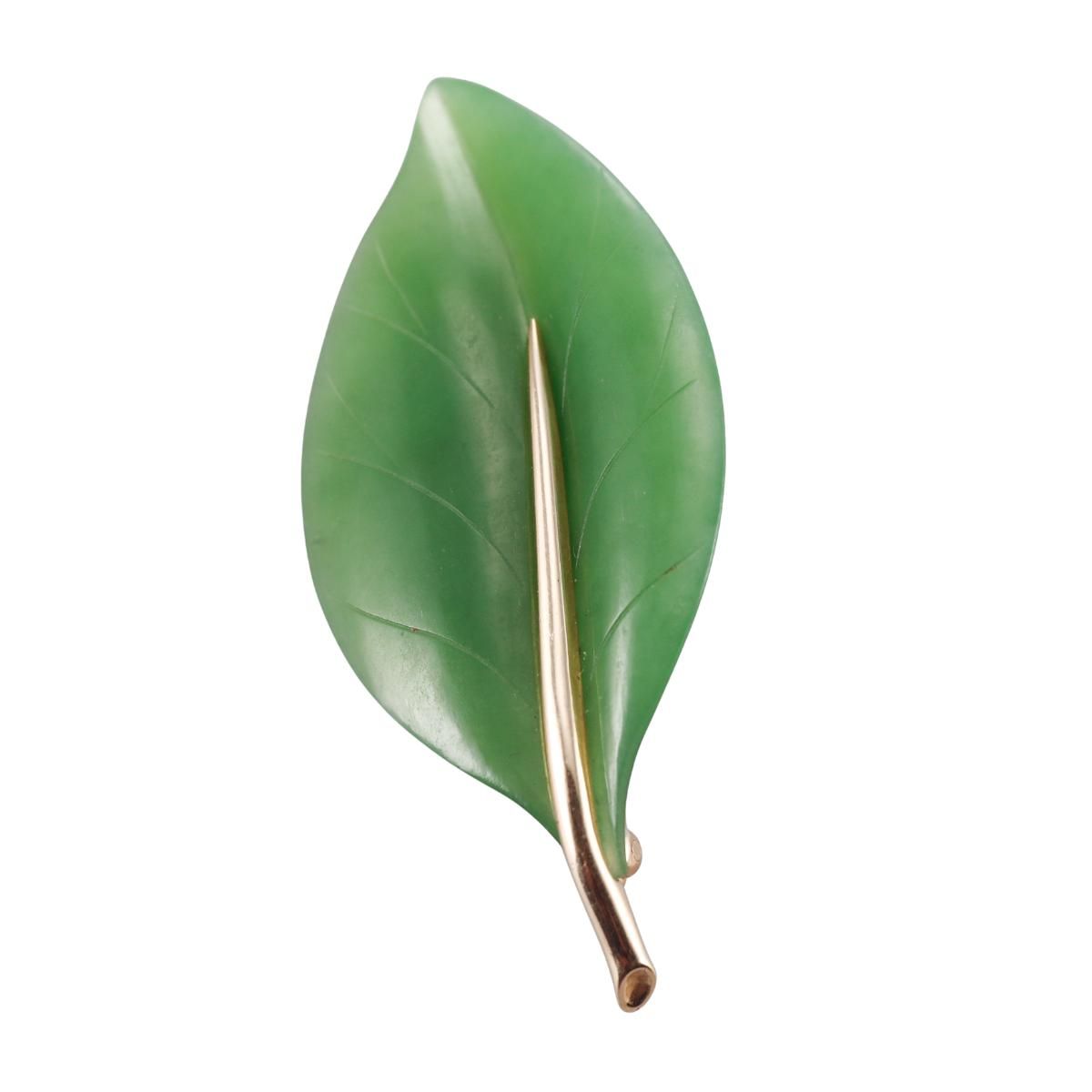 Gumps Nephrite 14k Gold Leaf Brooch Earrings Set