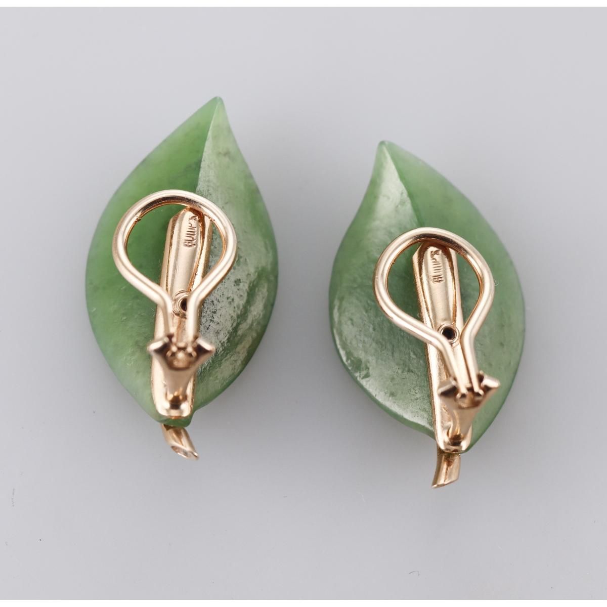 Gumps Nephrite 14k Gold Leaf Brooch Earrings Set