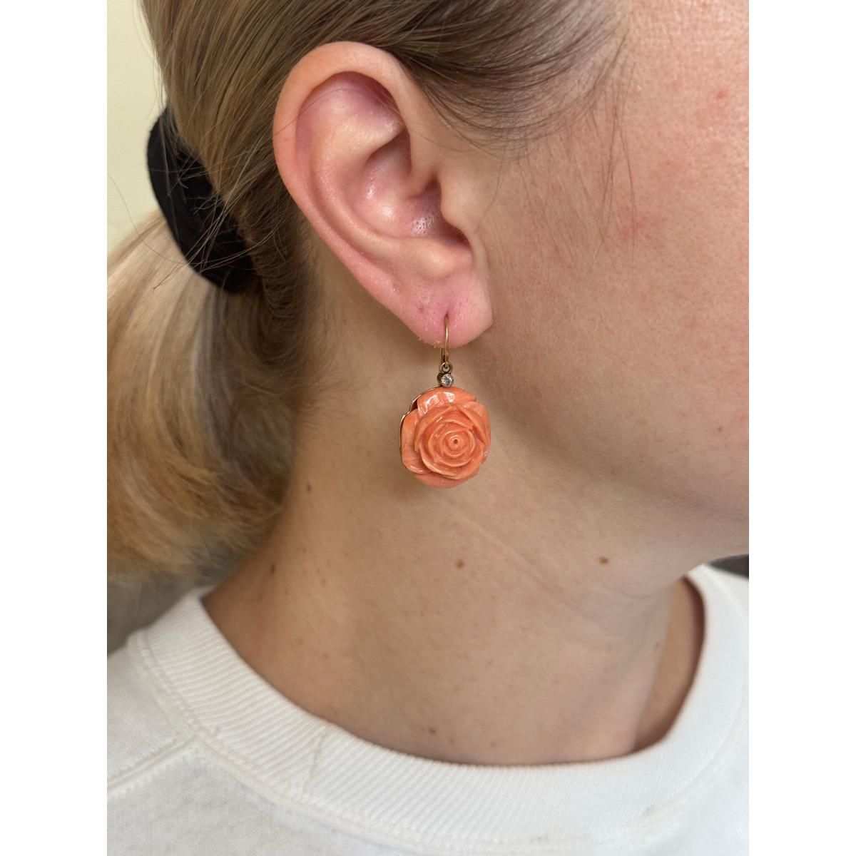 18k Rose Gold Carved Coral Diamond Flower Earrings