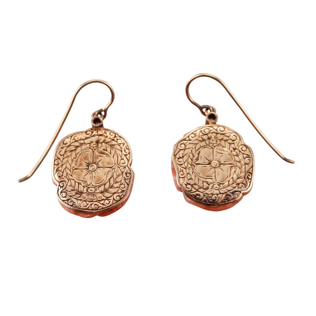 18k Rose Gold Carved Coral Diamond Flower Earrings