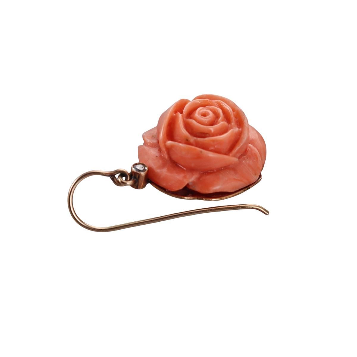 18k Rose Gold Carved Coral Diamond Flower Earrings