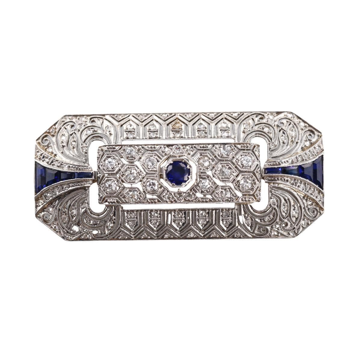 Art Deco Filigree 18k Gold Diamond Sapphire Brooch Pin