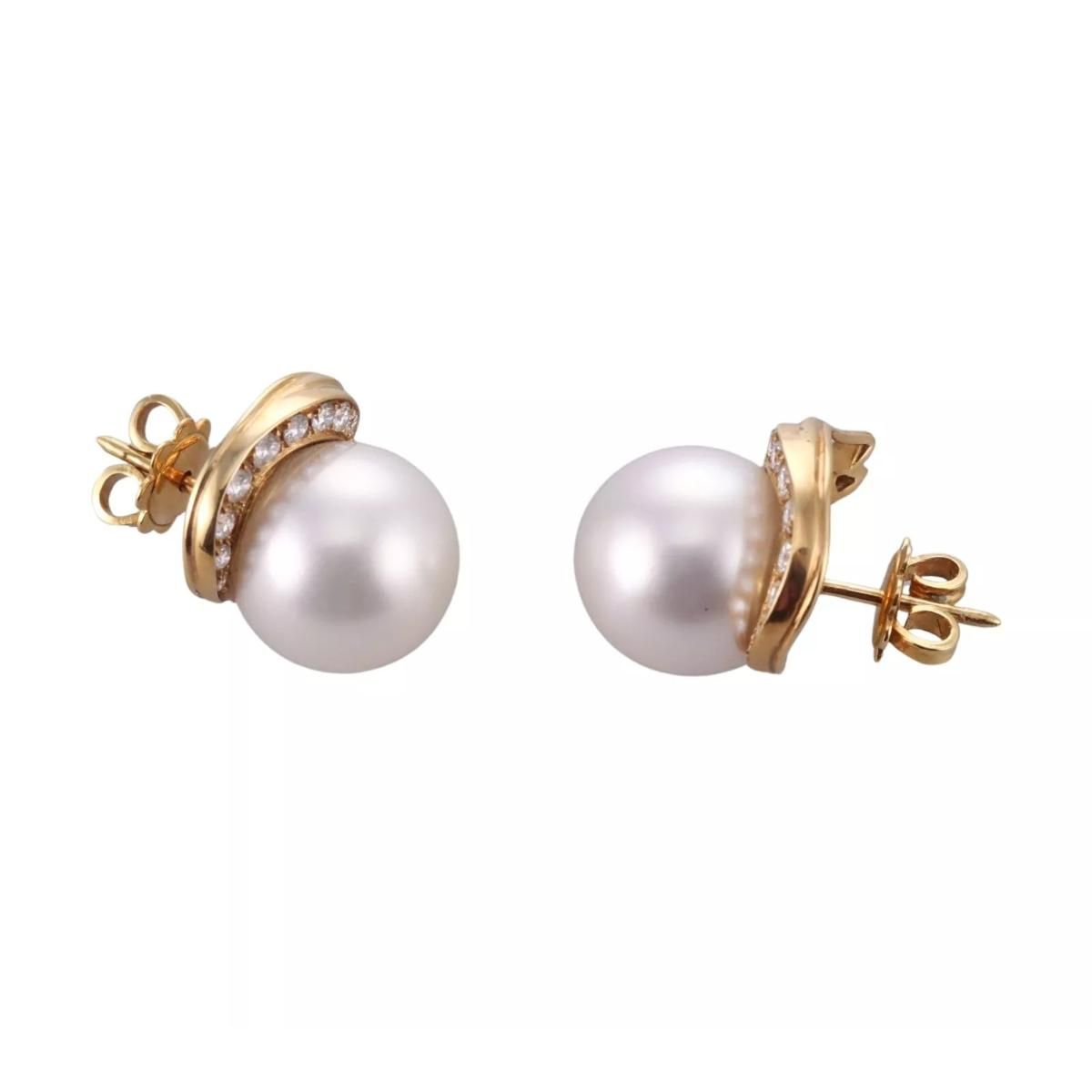Italian Modern 18k Gold Diamond South Sea Pearl Stud Earrings