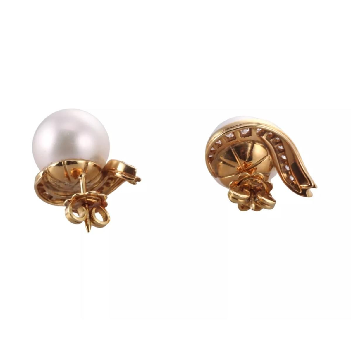 Italian Modern 18k Gold Diamond South Sea Pearl Stud Earrings