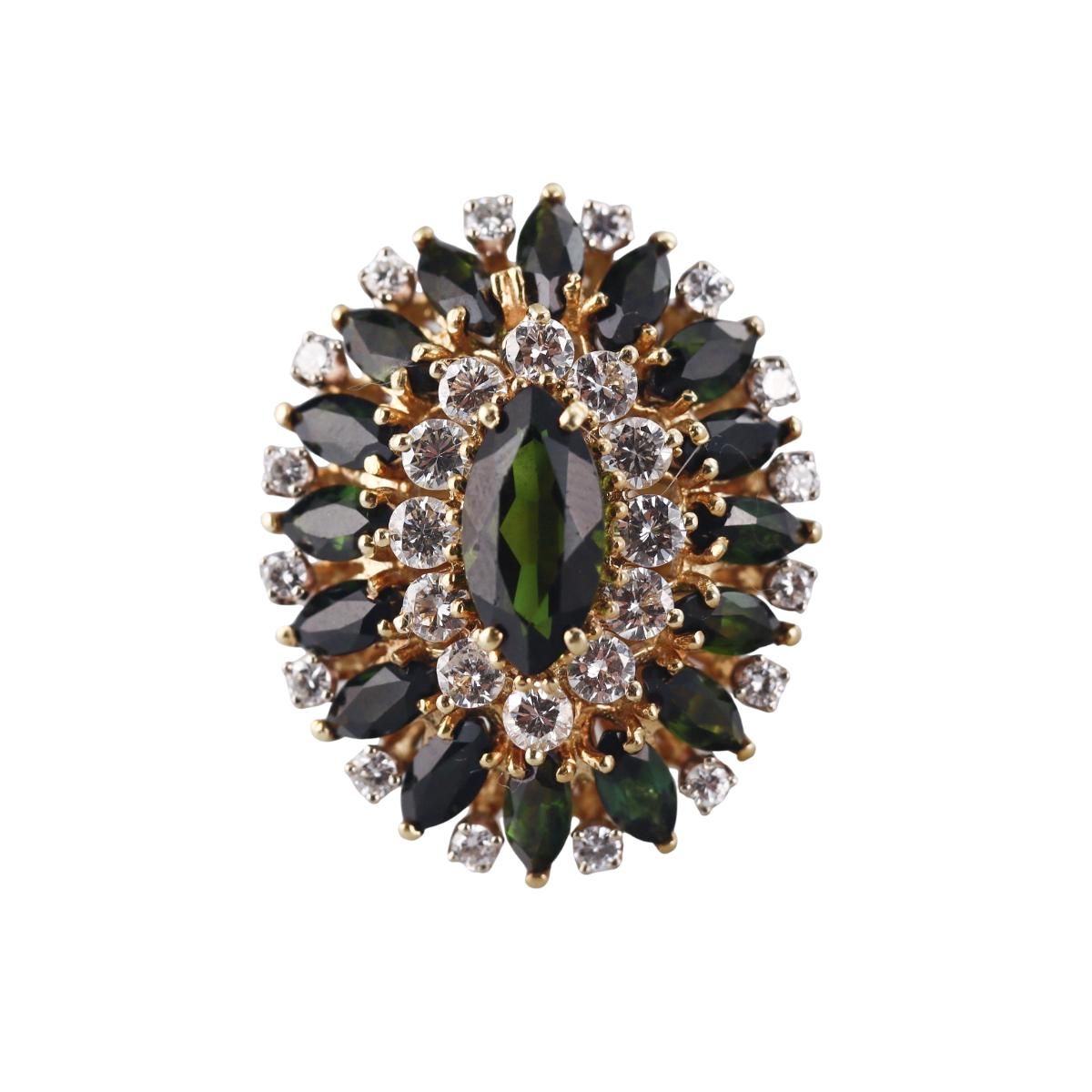 1960s 18k Gold Green Tourmaline Diamond Cocktail Ring