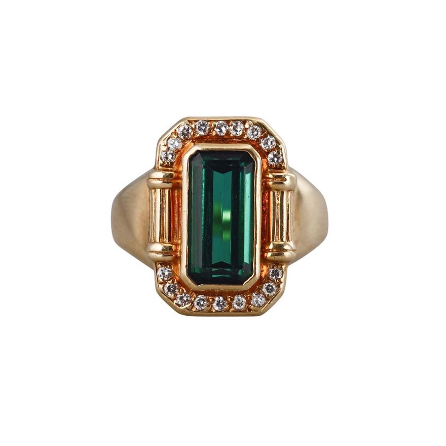 1980s Vintage 18k Gold Green Tourmaline Diamond Ring
