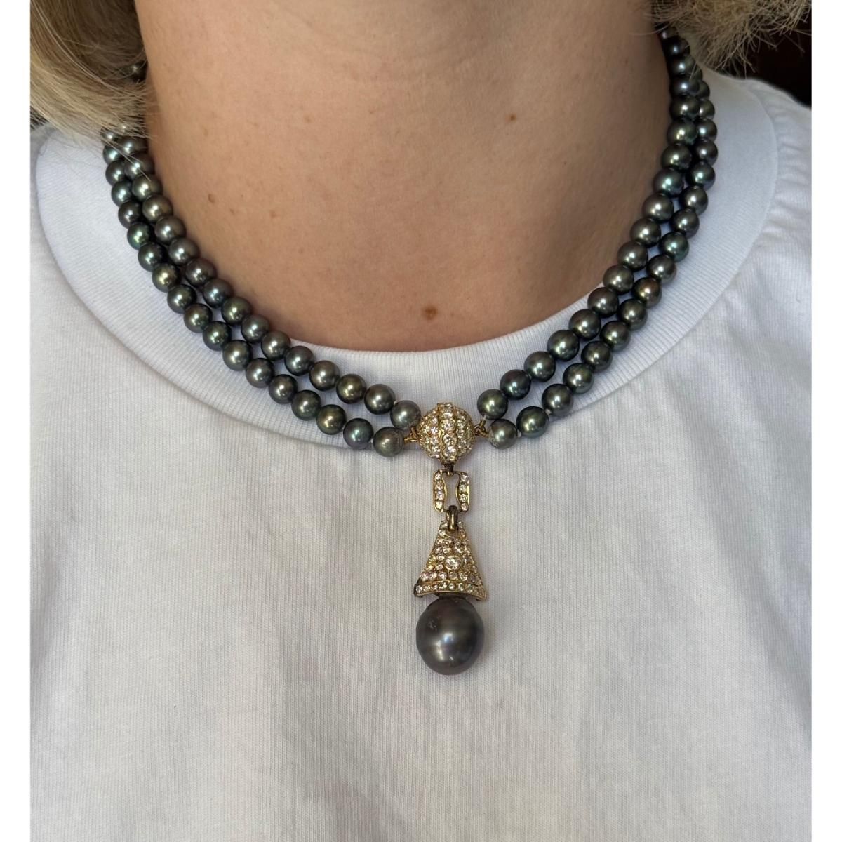 3.85ctw Diamond 14k Gold Tahitian Pearl Double Strand Necklace