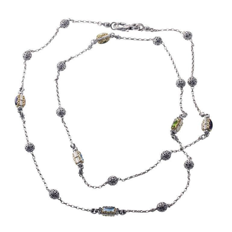 Konstantino Kleos Silver Gold Multi Gemstone Long Necklace
