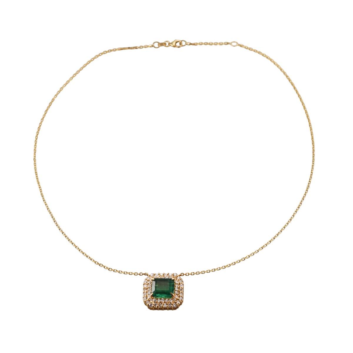 14k Gold Diamond Emerald Pendant Necklace