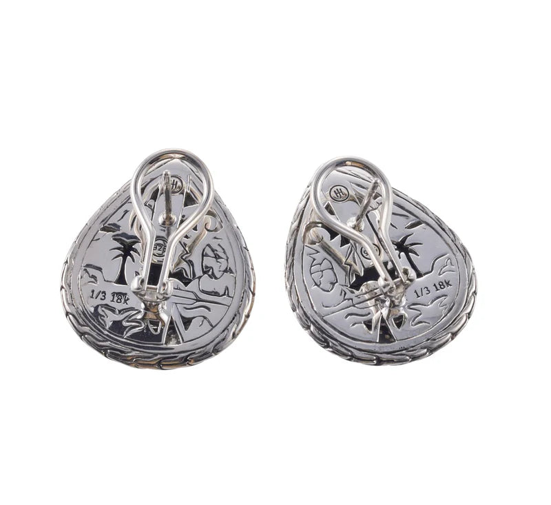 John Hardy Classic Chain Sterling Silver 18k Gold Diamond Hammered Drop Earrings Retail $2200