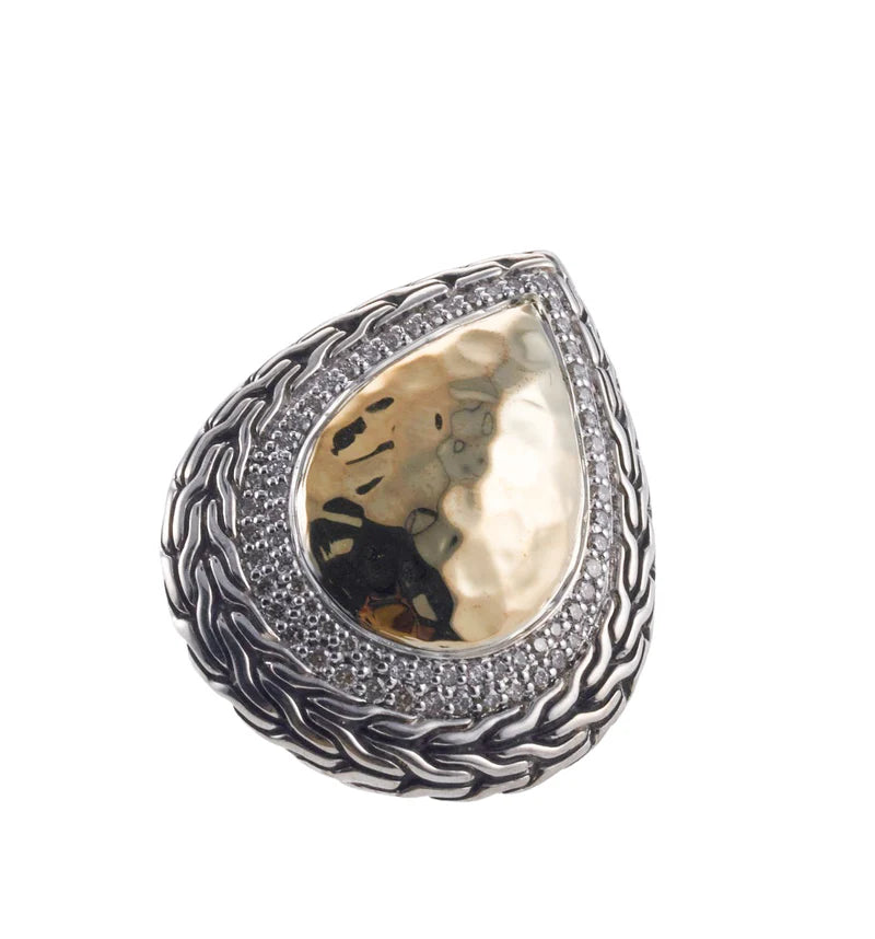 John Hardy Classic Chain Sterling Silver 18k Gold Diamond Hammered Drop Earrings Retail $2200