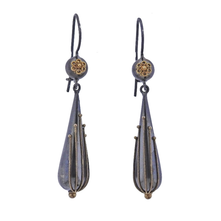 Castellani Gold Silver Granulated Filigree Teardrop Earrings
