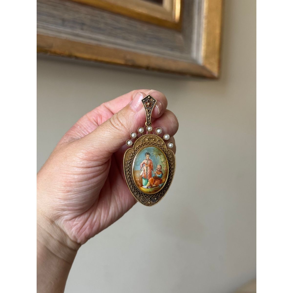 Antique Etruscan Beading 18k Gold Pearl Miniature Portrait Locket Pendant