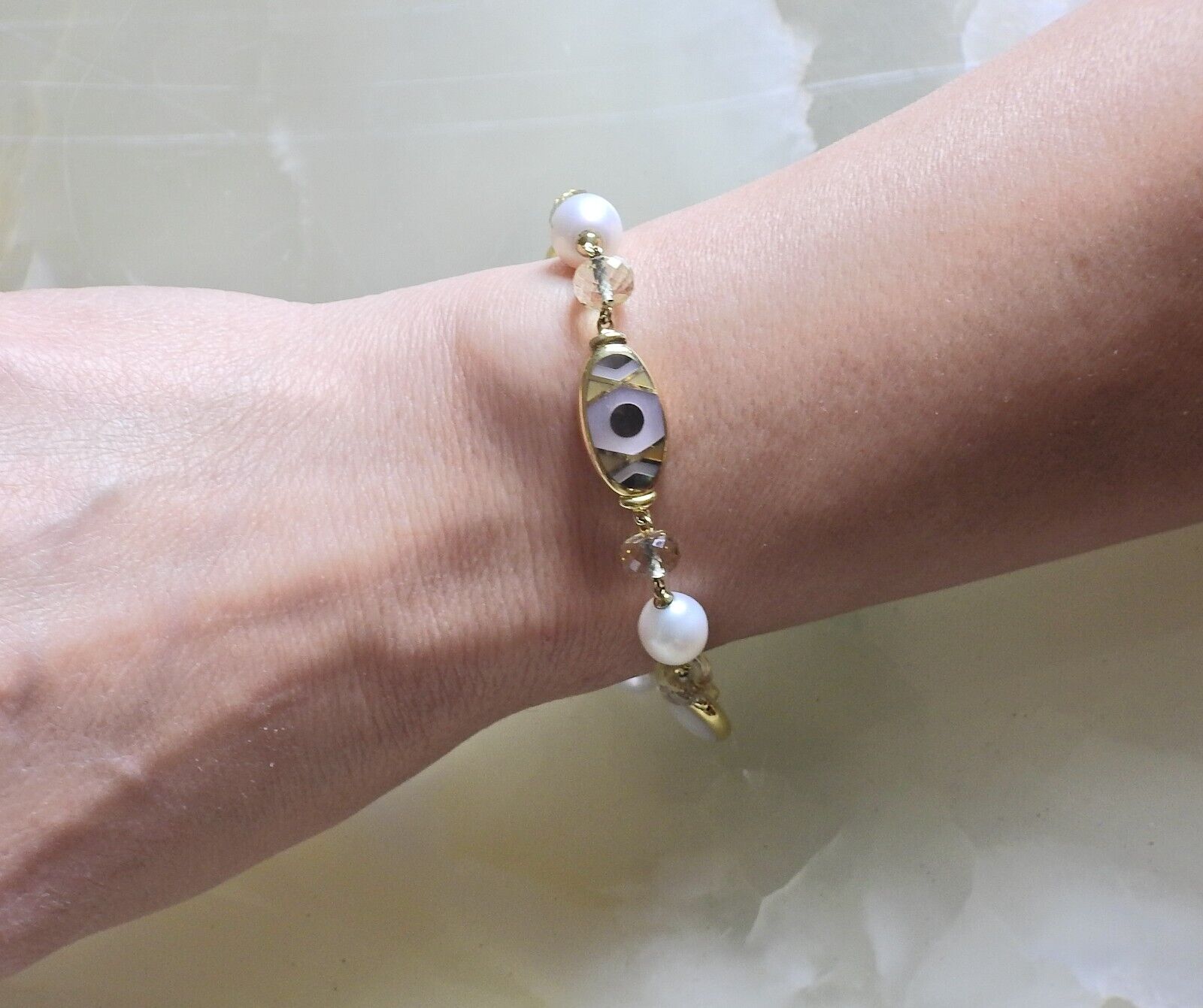 Asch Grossbardt Inlay Mother of Pearl Peridot Gold Bracelet