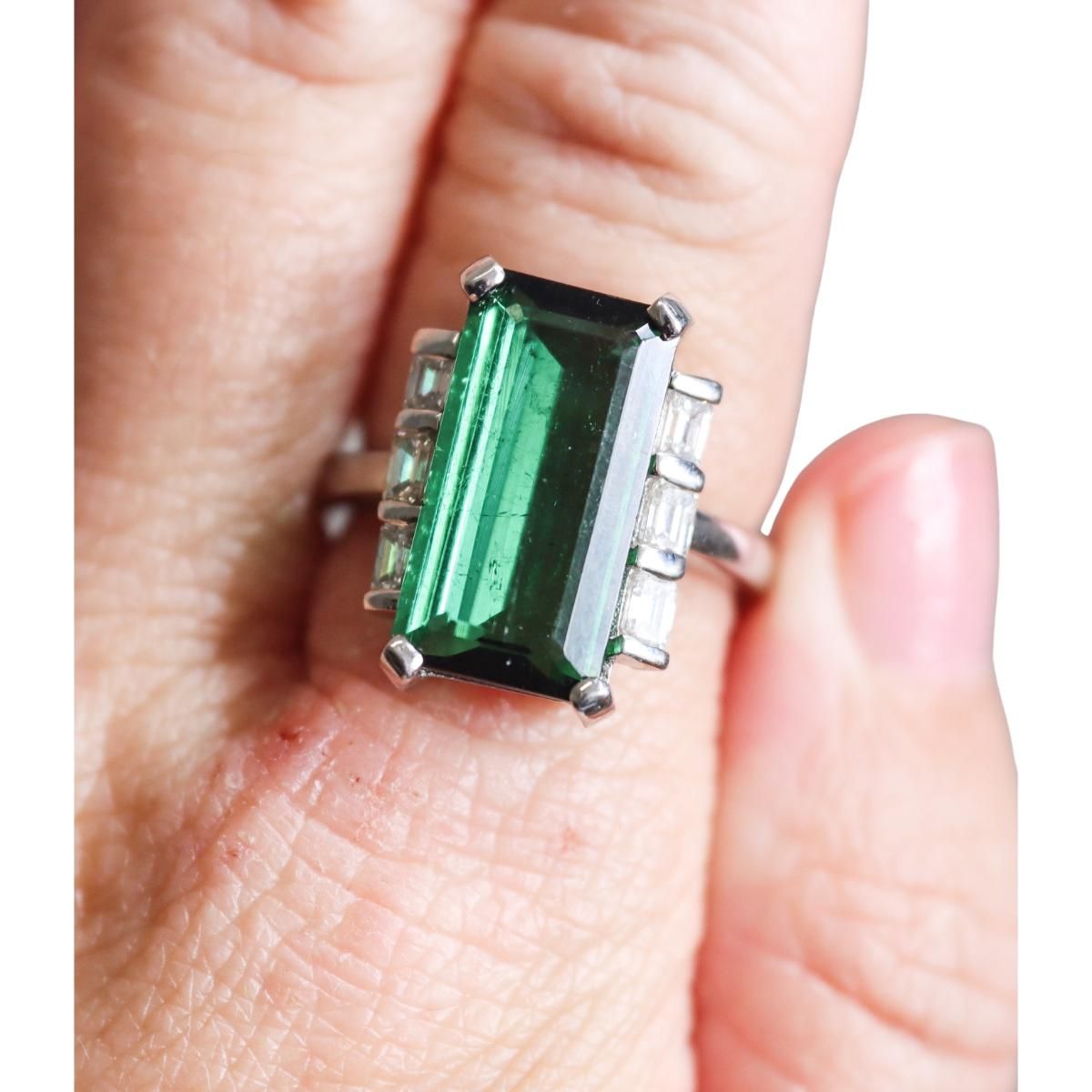 Platinum 7.50ct Green Tourmaline Diamond Ring