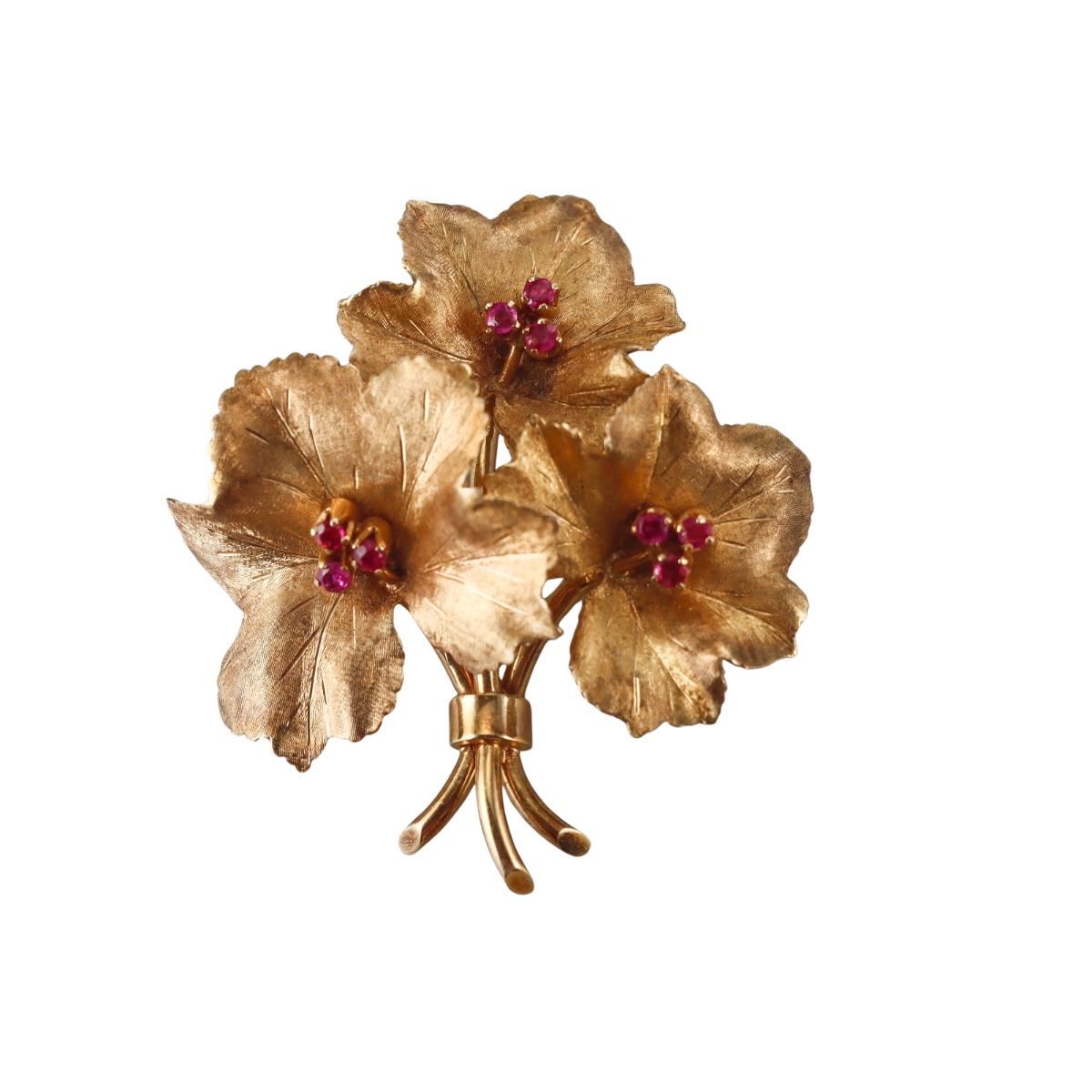 Vintage Tiffany & Co 18k Gold Ruby Leaf Brooch Pin