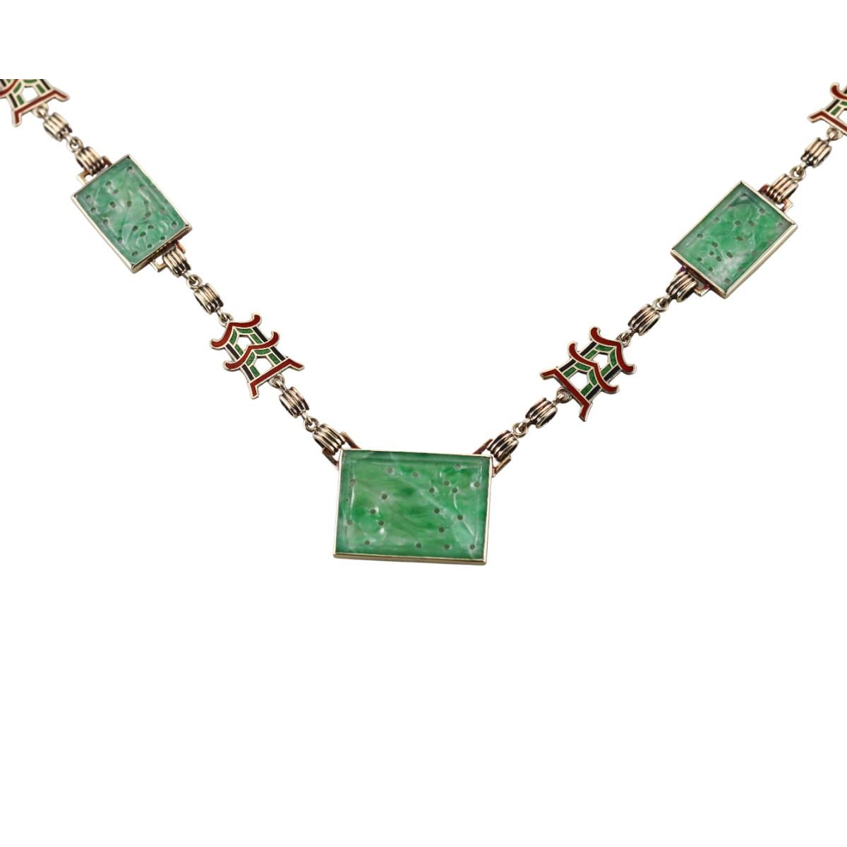 Art Deco 14k Gold Enamel Carved Jade Necklace