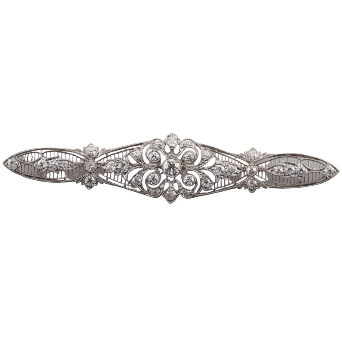 Art Deco Filigree Platinum Diamond Brooch Pin