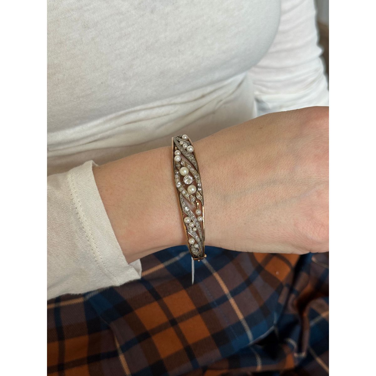 Antique Victorian 14k Gold Diamond Pearl Bangle Bracelet