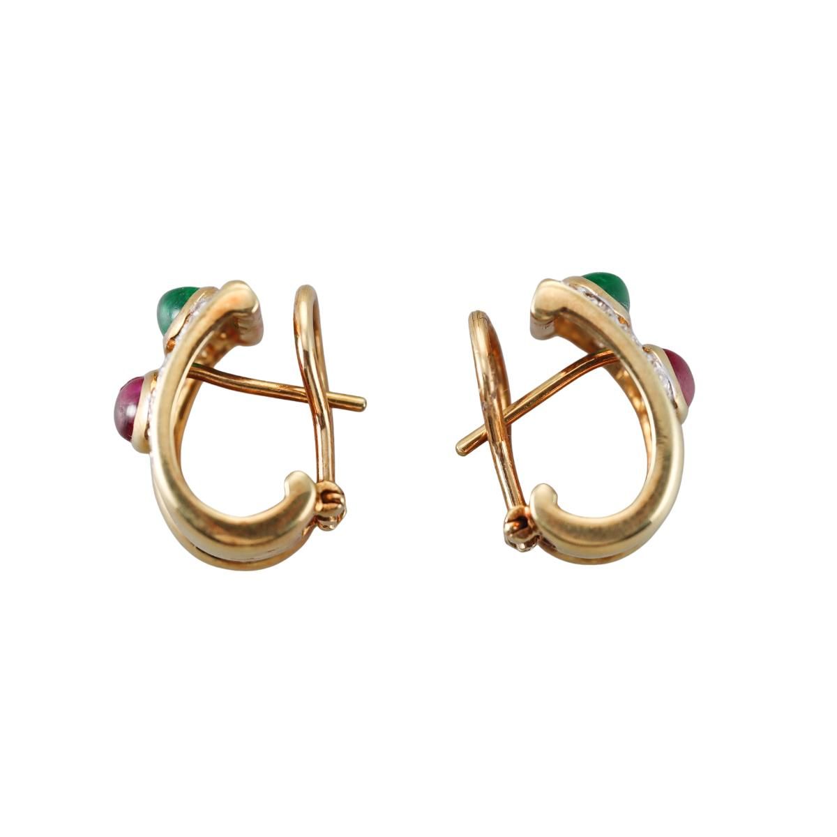 1980s 18k Gold Diamond Ruby Emerald Half Hoop Earrings