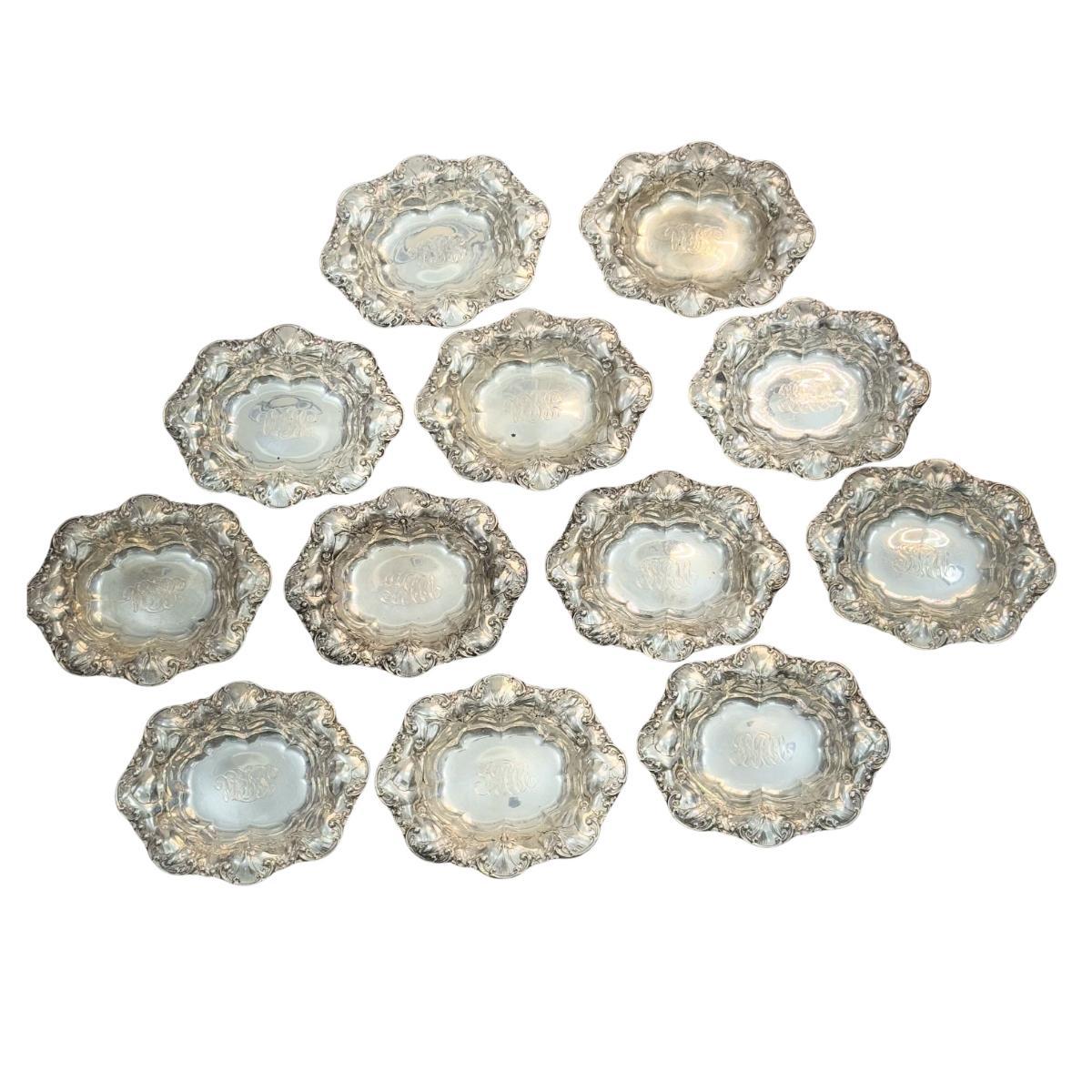 Whiting Art Nouveau Sterling Silver Poppy Flower Bowl Set of 12