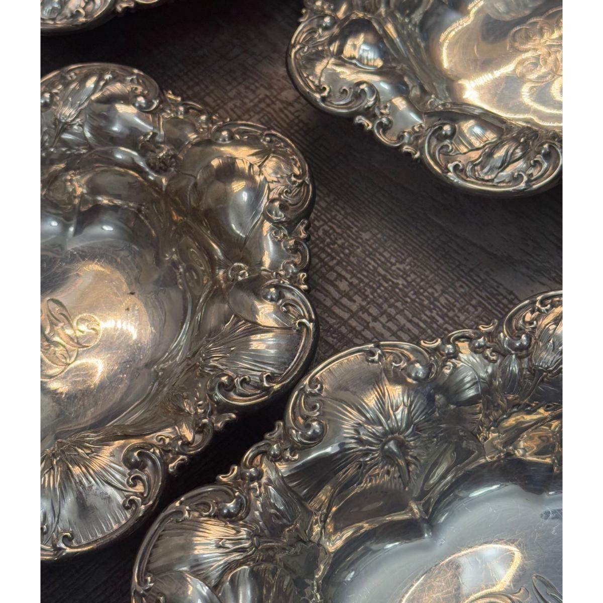 Whiting Art Nouveau Sterling Silver Poppy Flower Bowl Set of 12