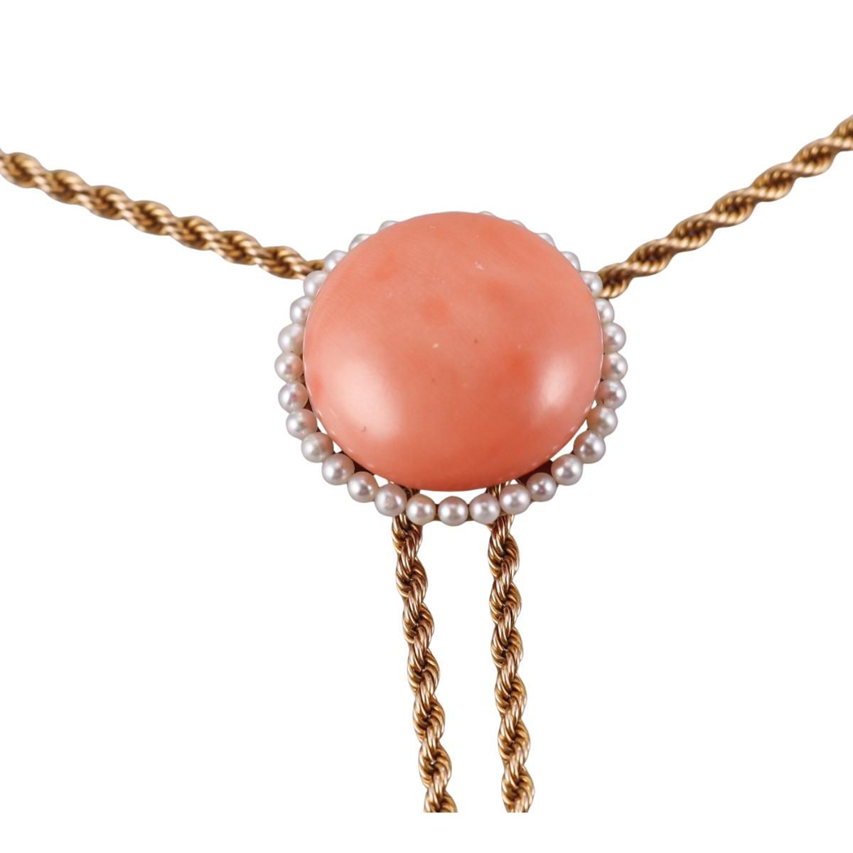 Antique Victorian 14k Gold Seed Pearl Coral Necklace